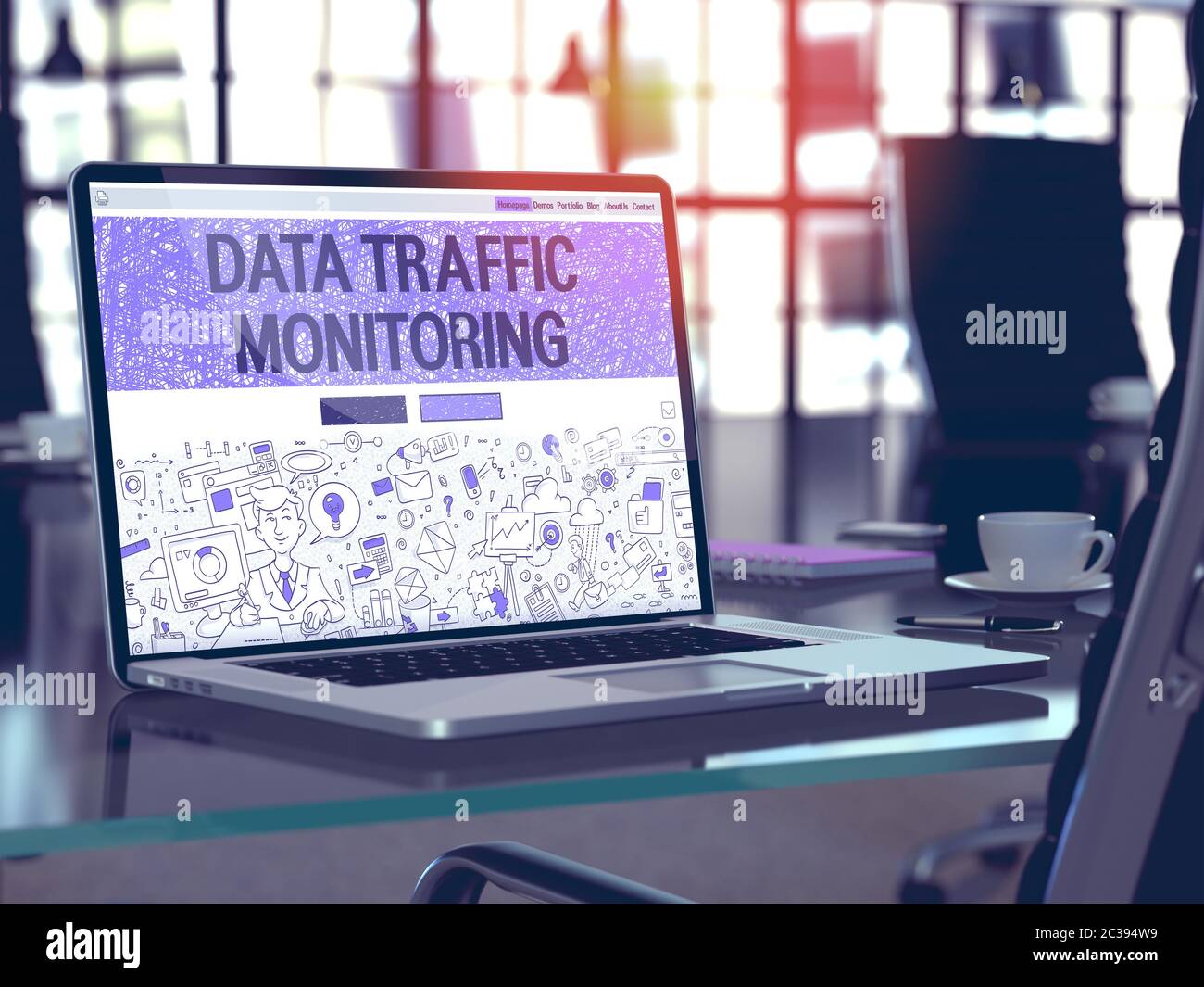 Informazioni sul monitoraggio del traffico dati - Chiuseup sulla landing page dello schermo del notebook in un ambiente di lavoro moderno. Immagine tonata con messa a fuoco selettiva. Rendering 3D. Foto Stock