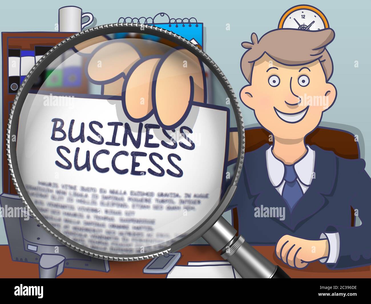 Il successo di affari sulla carta nella mano del funzionario attraverso l'obiettivo per illustrare un concetto di affari. Illustrazione dello stile di Doodle colorato. Foto Stock