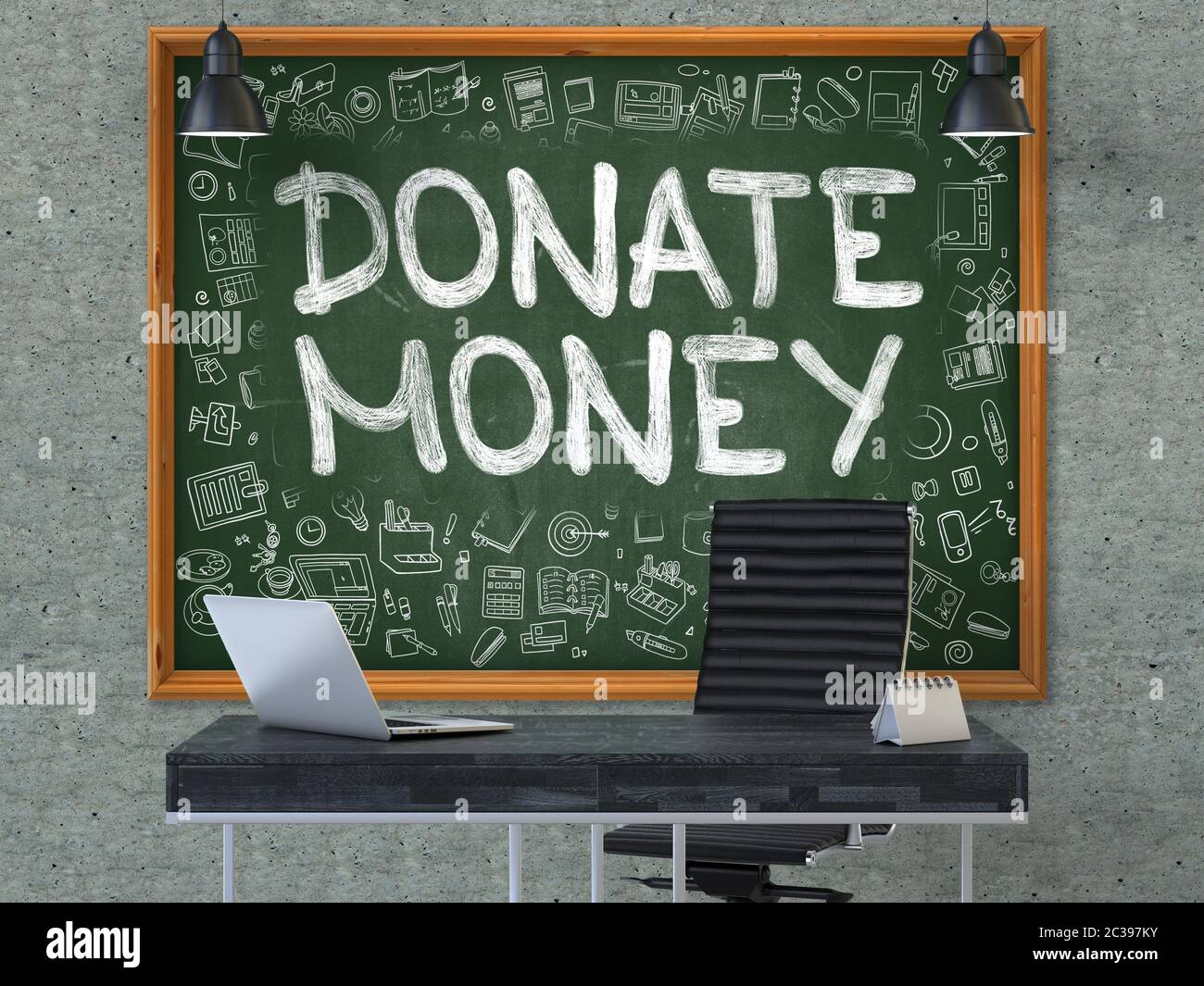 Donate denaro concetto scritto a mano su lavagna verde con Doodle icone. Interni per ufficio con un ambiente di lavoro moderno. Fondo parete di cemento grigio. 3D. Foto Stock