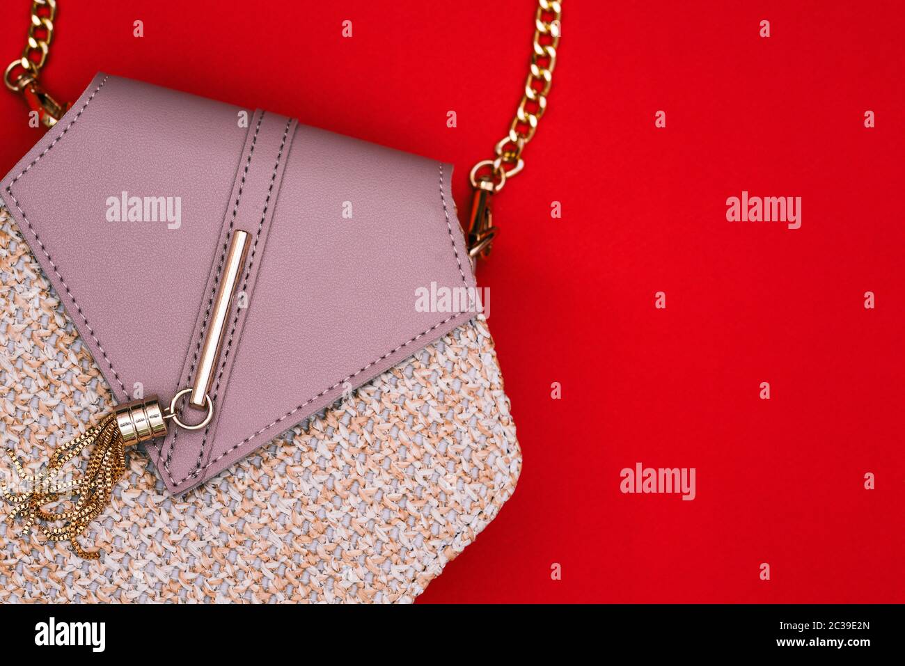 Borsa donna alla moda su sfondo colorato con una copia dello spazio. Borsetta in pelle da vicino per soldi e cosmetici. Accessorio elegante. La vista Foto Stock