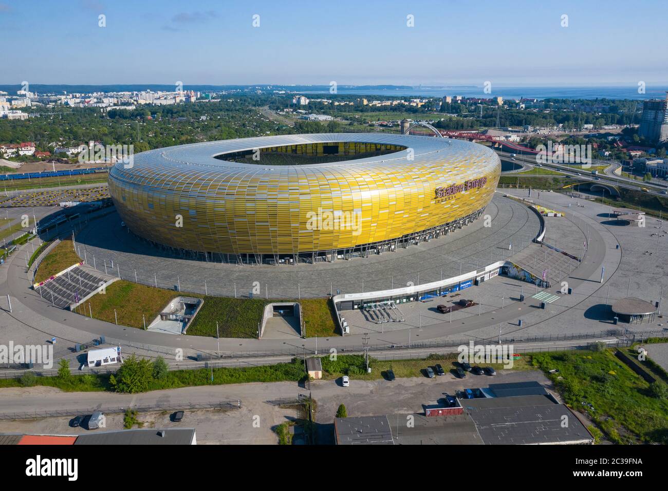 GDANSK, POLONIA - 17 GIUGNO 2020: Veduta aerea dello Stadio Energa, stadio di casa della squadra locale Lechia Gdansk. Danzica, Polonia. Foto Stock