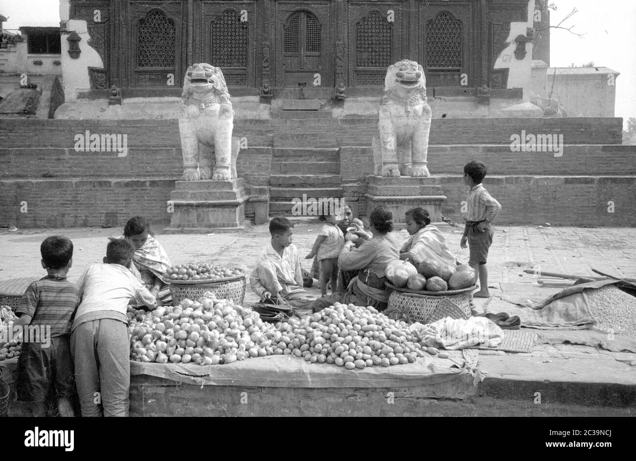 I bambini vendono frutta sulla strada di Kathmandu, di fronte a un tempio con statue di leoni. Foto Stock