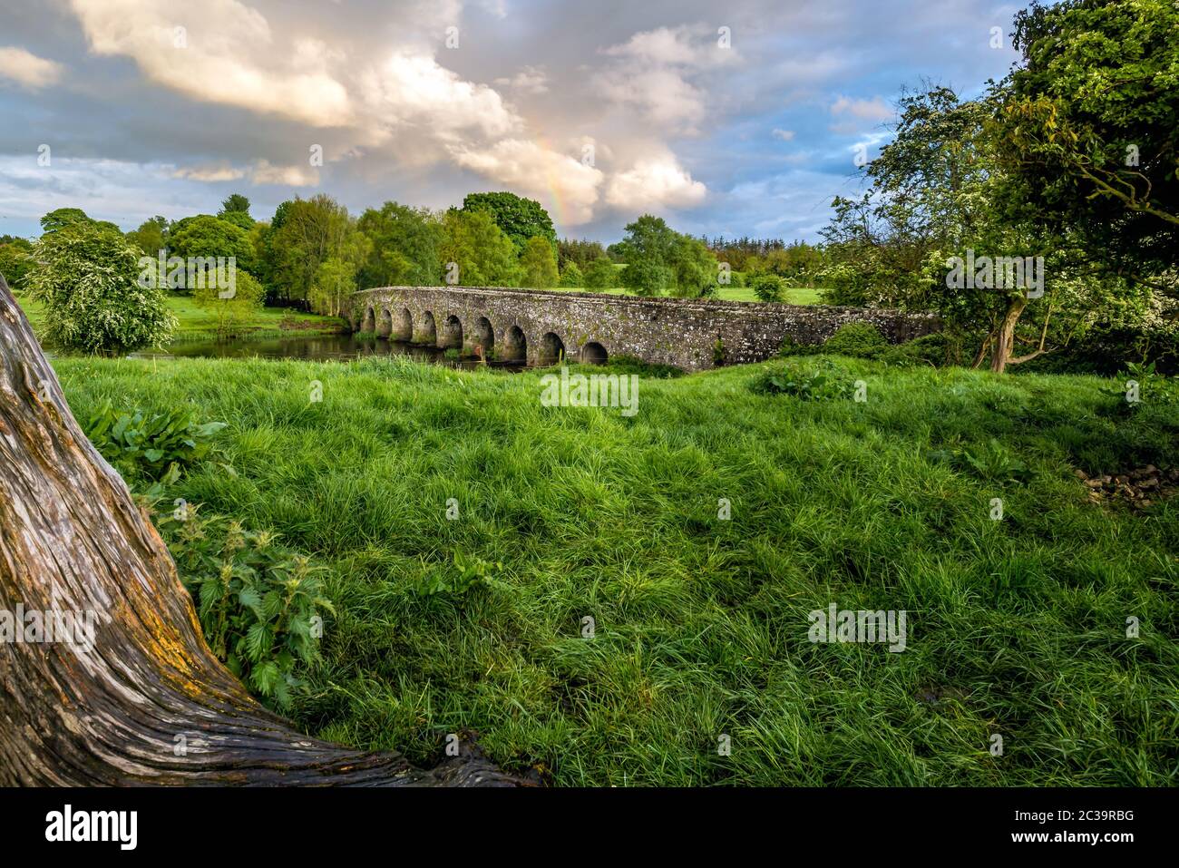 Il vecchio del XII secolo arco in pietra ponte su un fiume. Campi verdi e alberi. Drammatico il cielo al tramonto con il Rainbow. Contea di Meath, Irlanda Foto Stock