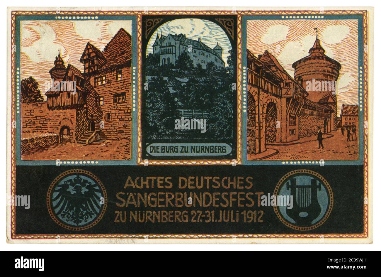 Cartolina storica tedesca: Festival della canzone. Sängerbundesfest a Norimberga, 27-31 luglio 1912. Un antico castello bavarese con torri. Baviera, Impero tedesco Foto Stock