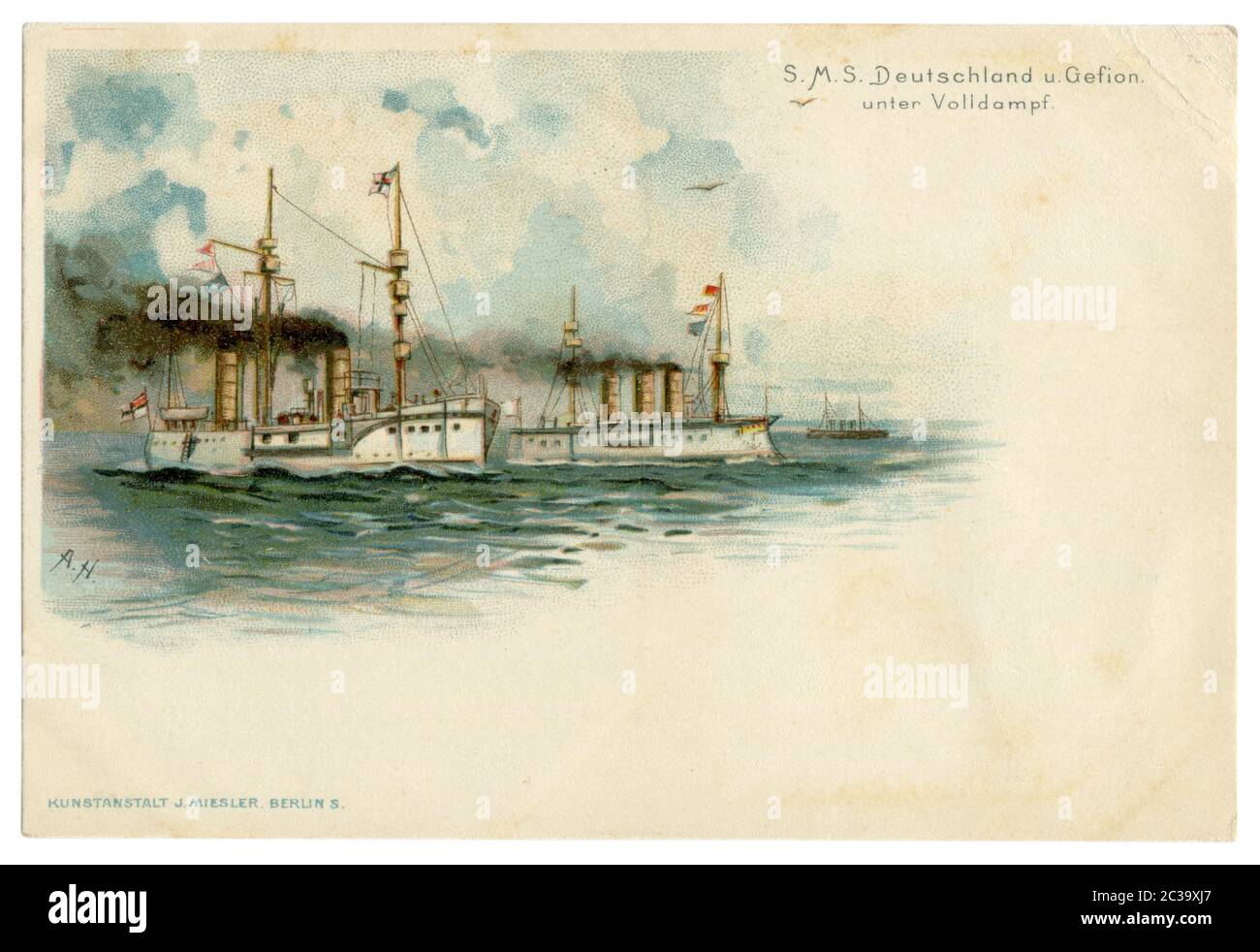 Cartolina storica tedesca: Isonclad di classe Kaiser - SMS Deutschland (1874) e l'incrociatore SMS Gefion (1893) della Marina dell'Impero tedesco. Litografia.1899 Foto Stock