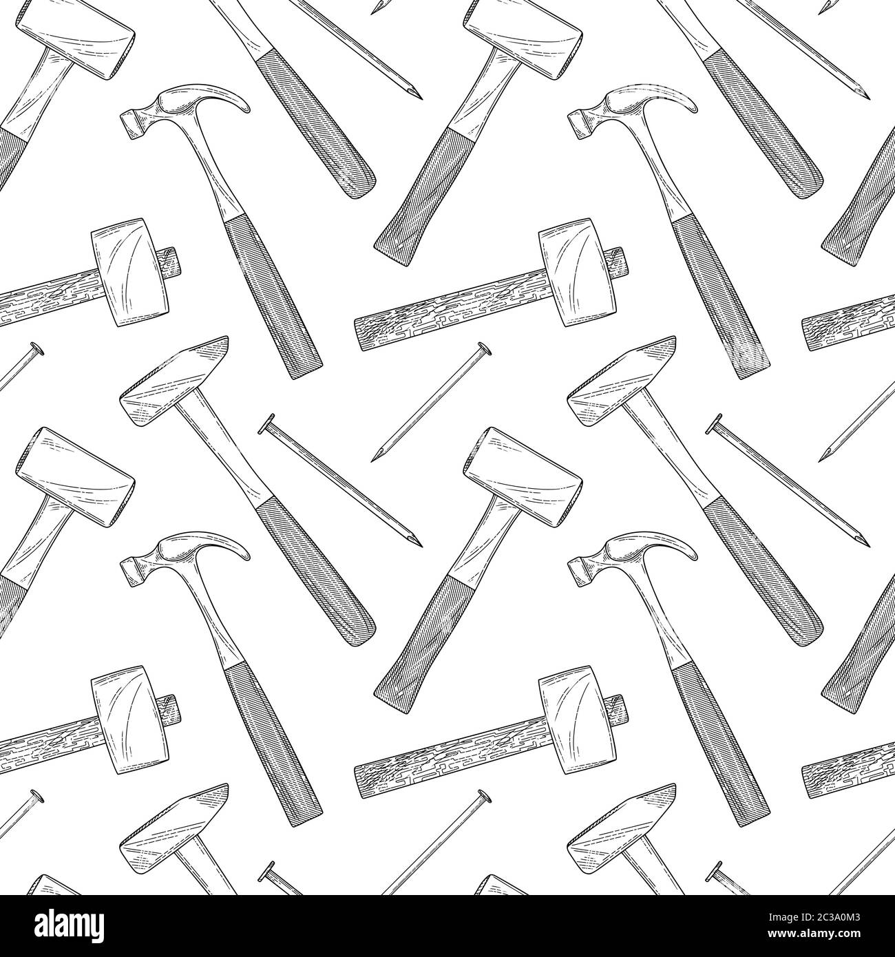 Modello senza cuciture con diversi martelli e chiodi su sfondo bianco. Illustrazione vettoriale nello stile di schizzo. Illustrazione Vettoriale