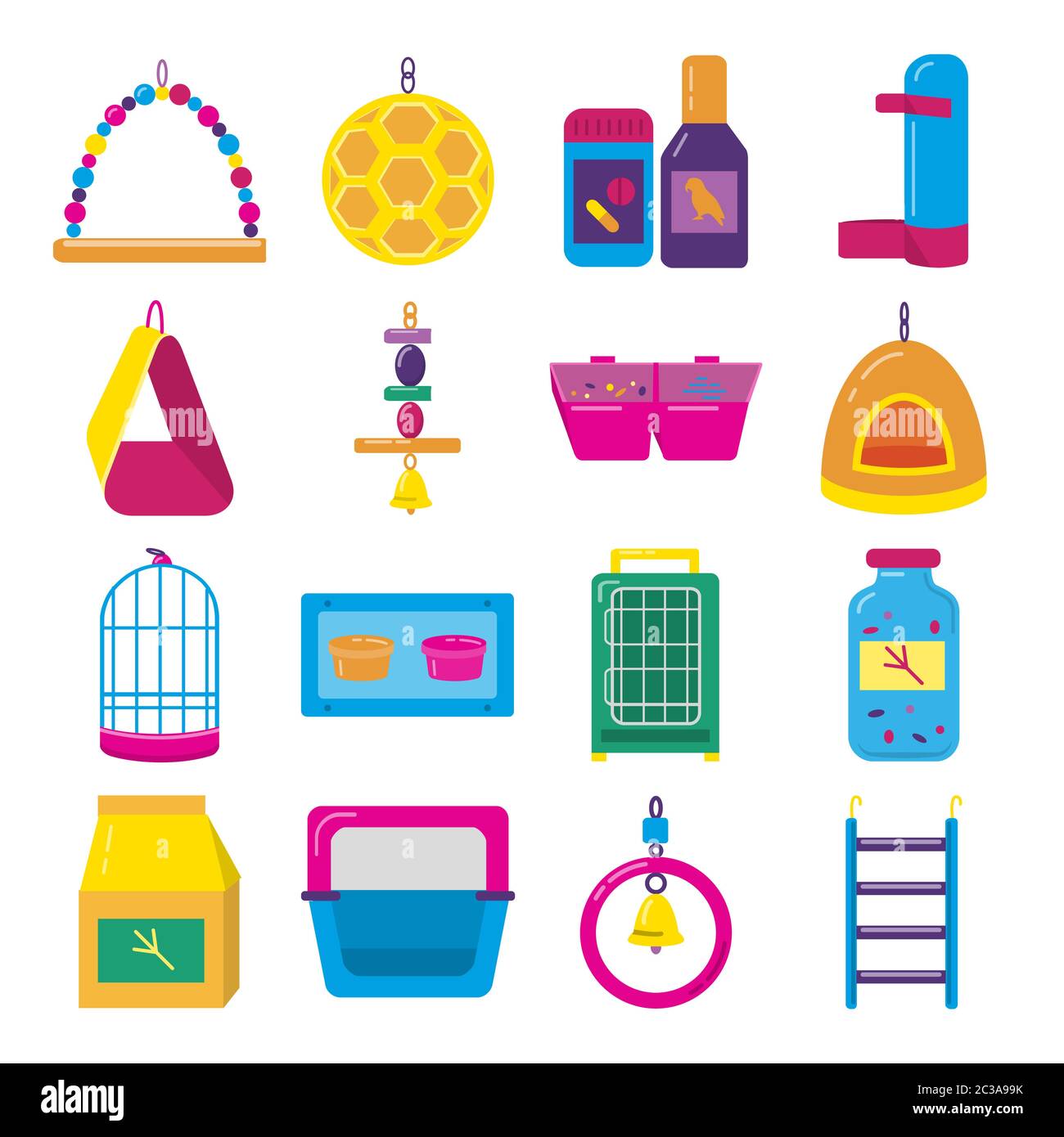 Grande icona set di accessori per pappagallo, canarino o altro uccello in gabbia. Raccolta di forniture per animali domestici in stile piatto. Illustrazione Vettoriale