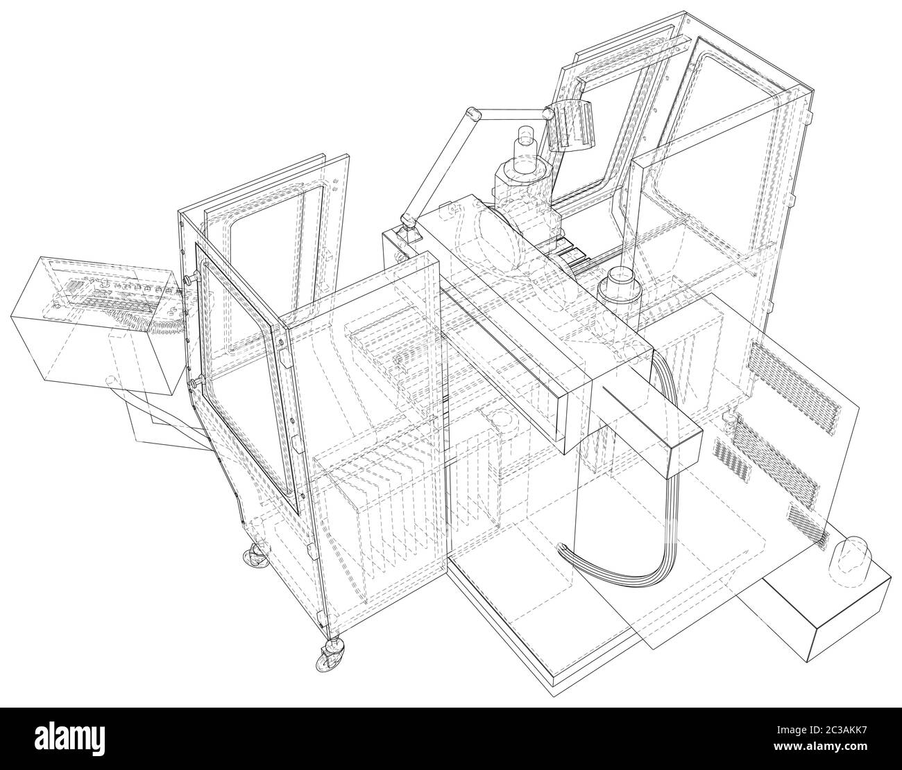 Tornio CNC in stile outline. Linea filo-telaio isolata. Rendering vettoriale di 3d. Illustrazione Vettoriale