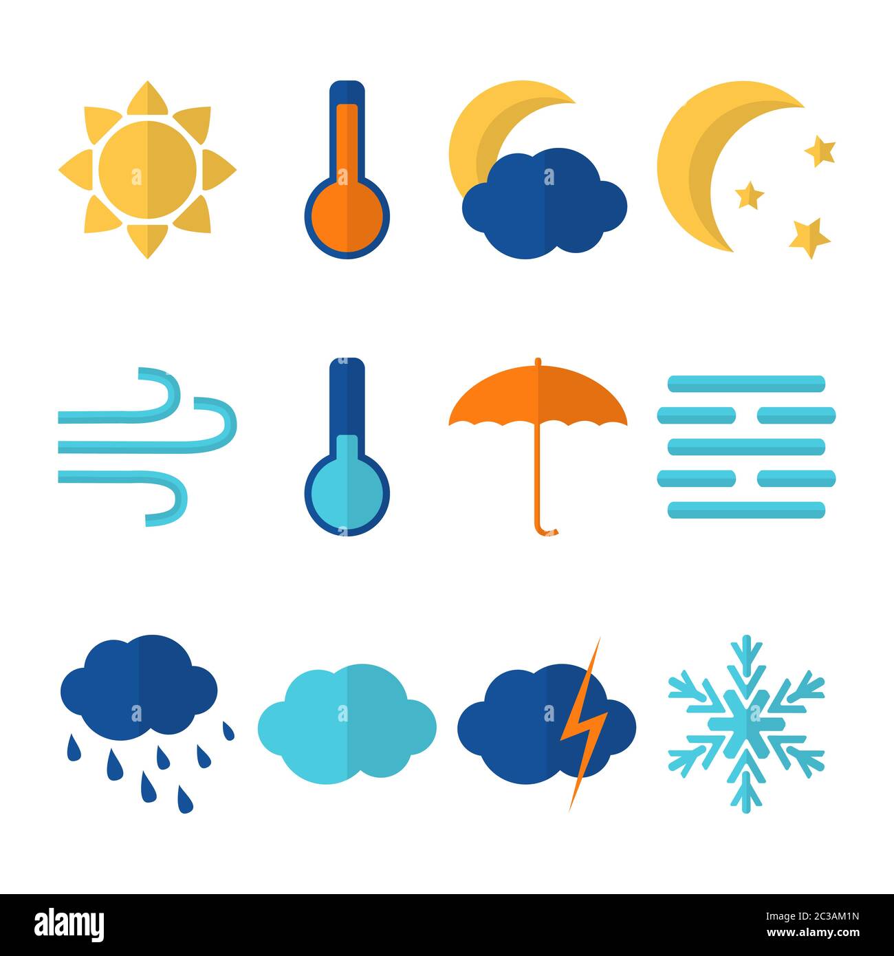 Set di icone meteo in stile piatto. Simboli di sole, luna, nuvole e molto altro. Illustrazione vettoriale. Illustrazione Vettoriale