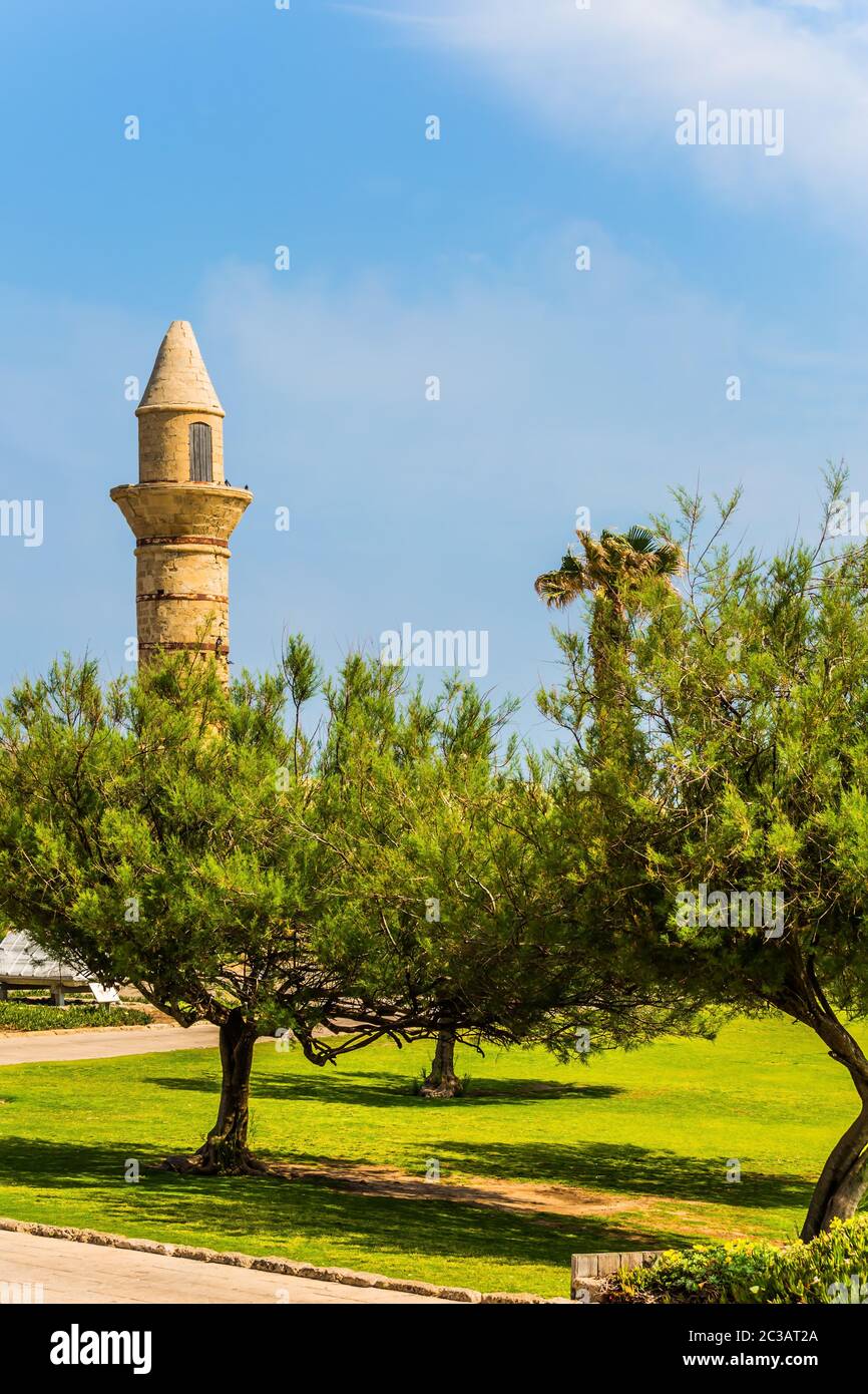 Prato verde, alberi e minareto restaurato Foto Stock