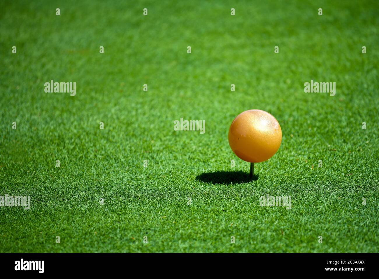 Vista ravvicinata di un marker Gold Tee su un campo da golf in un giorno di sole. N. Foto Stock