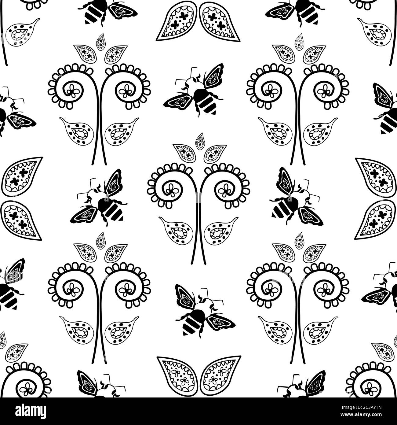 Ape di miele stilizzato e fiori senza cuciture motivo vettoriale sfondo.  Sfondo formale con insetti volanti in bianco e nero e floreale stile  paisley Immagine e Vettoriale - Alamy