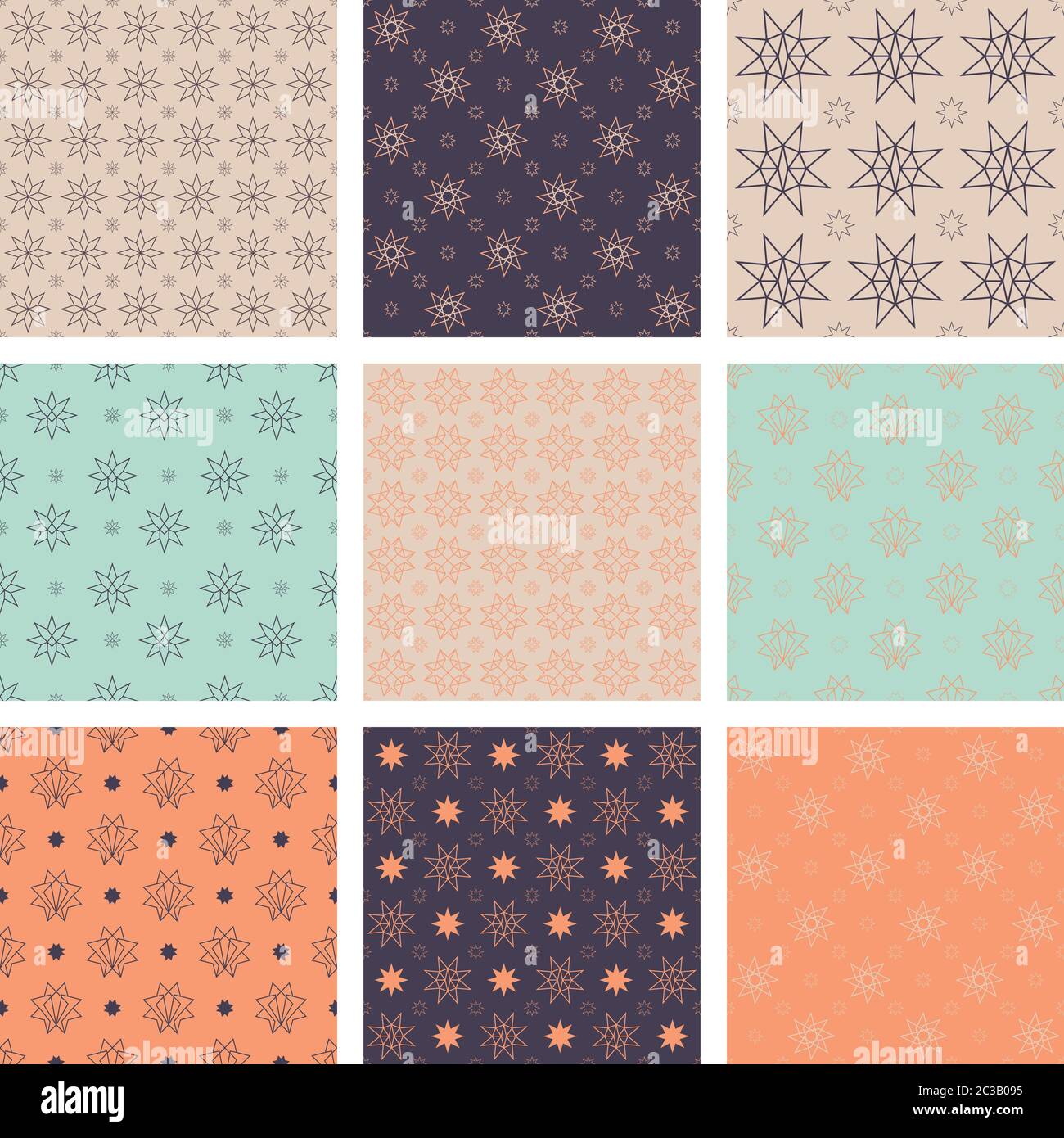 Set di 9 motivi senza giunture. Stelle e sfondi colorati. Ripetibile. Decorativo. Illustrazione Vettoriale