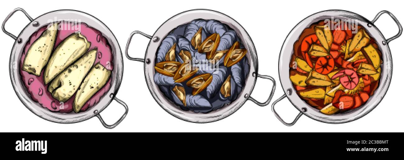 Set di pentole con fagioli e pesce, cozze e zuppa di pesce. Cucina spagnola. Vettore ART Illustrazione Vettoriale