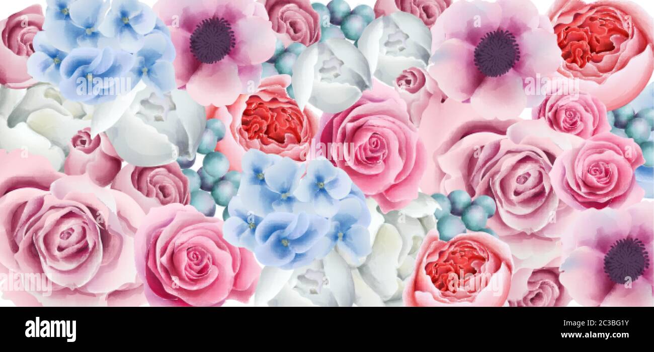 Composizione floreale con orchidee, fiori di pony, rose e bacche. Vettore acquerello Illustrazione Vettoriale