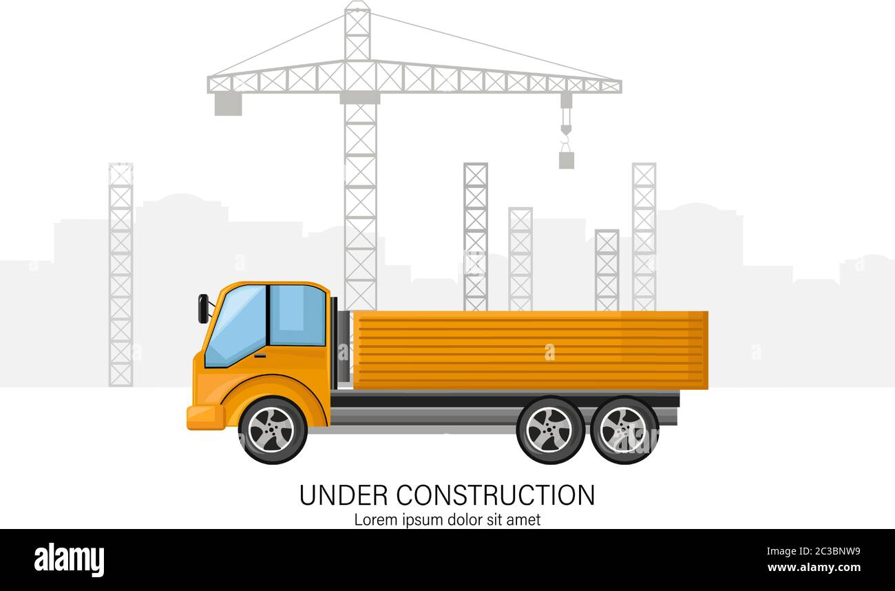 Edificio in costruzione con camion giallo davanti. Posiziona per il testo Illustrazione Vettoriale