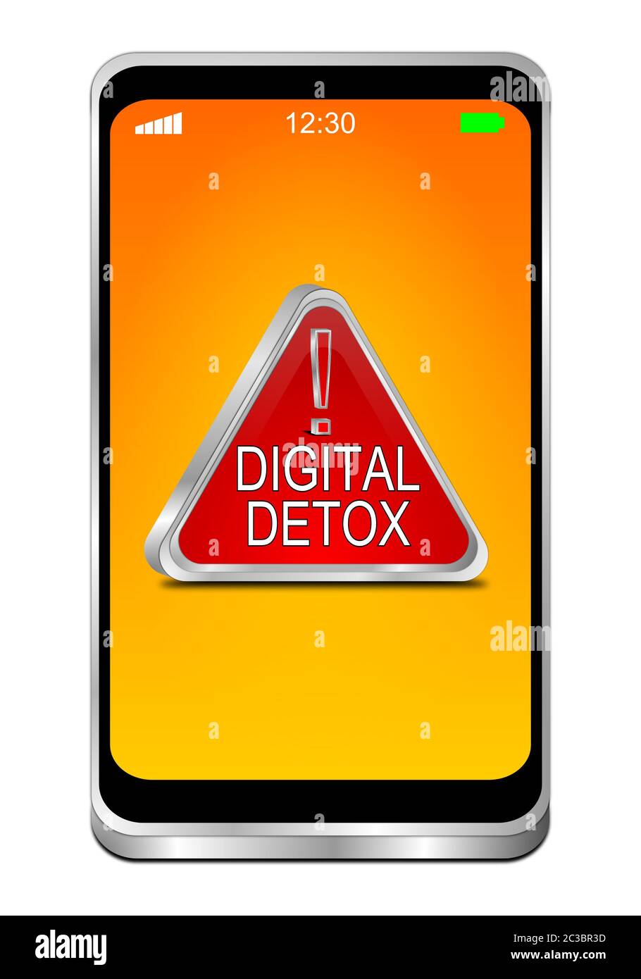 Smartphone con detox digitale rosso su display arancione - segnale social media - illustrazione 3D Foto Stock