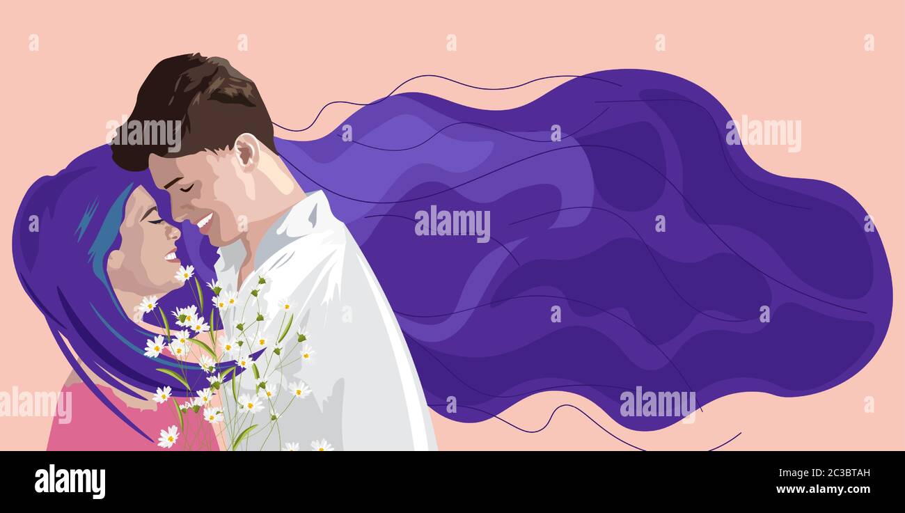 Composizione romantica di giovane coppia sorridente l'uno all'altro. Ragazza con lunghi capelli color lavanda. Tenendo fiori camomilla. Posiziona per il testo. Giorno dell'amore ve Illustrazione Vettoriale