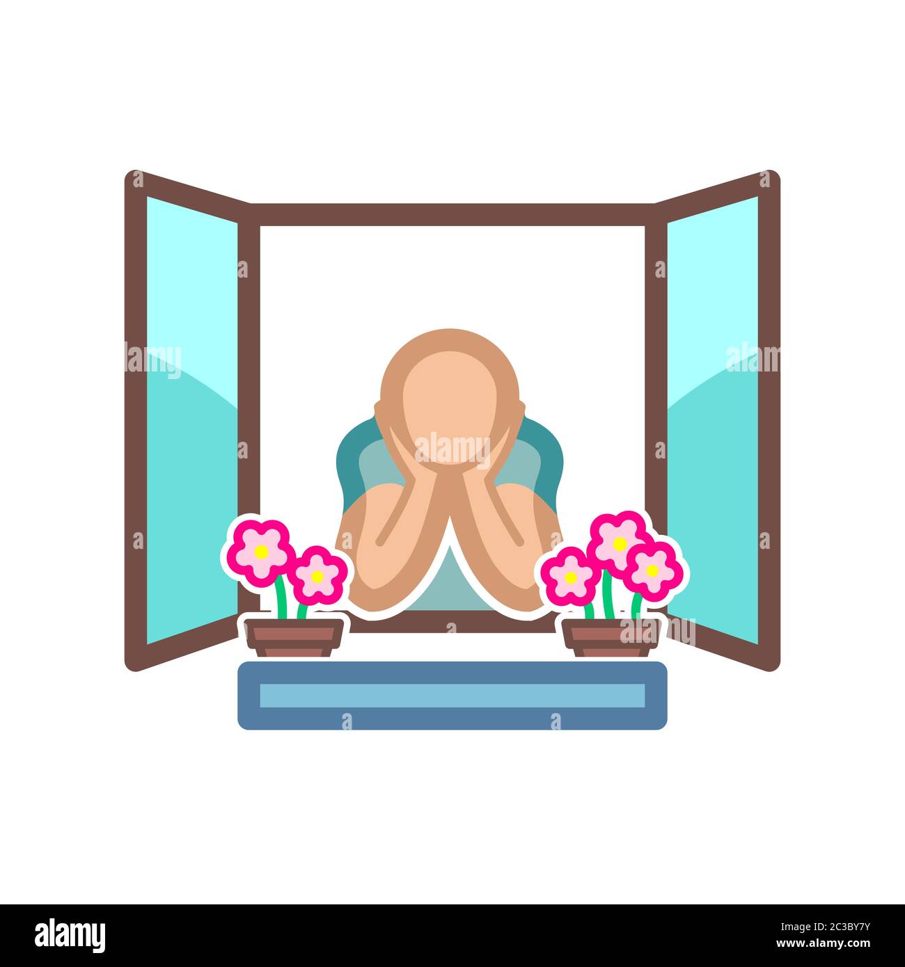 Icona di soggiorno a casa a colori di una persona che guarda fuori dalla finestra. Isolato su bianco. Illustrazione vettoriale. Illustrazione Vettoriale