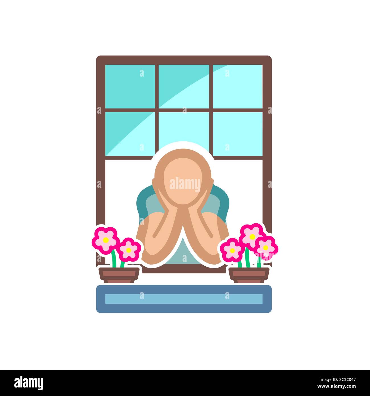 Icona di soggiorno a casa a colori di una persona che guarda fuori dalla finestra. Isolato su bianco. Illustrazione vettoriale. Illustrazione Vettoriale