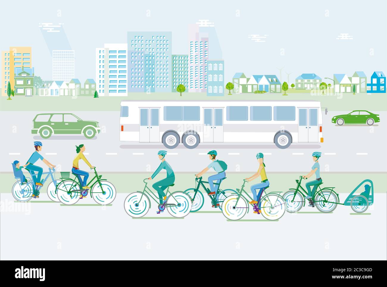 Paesaggio con i ciclisti e il traffico stradale Foto Stock