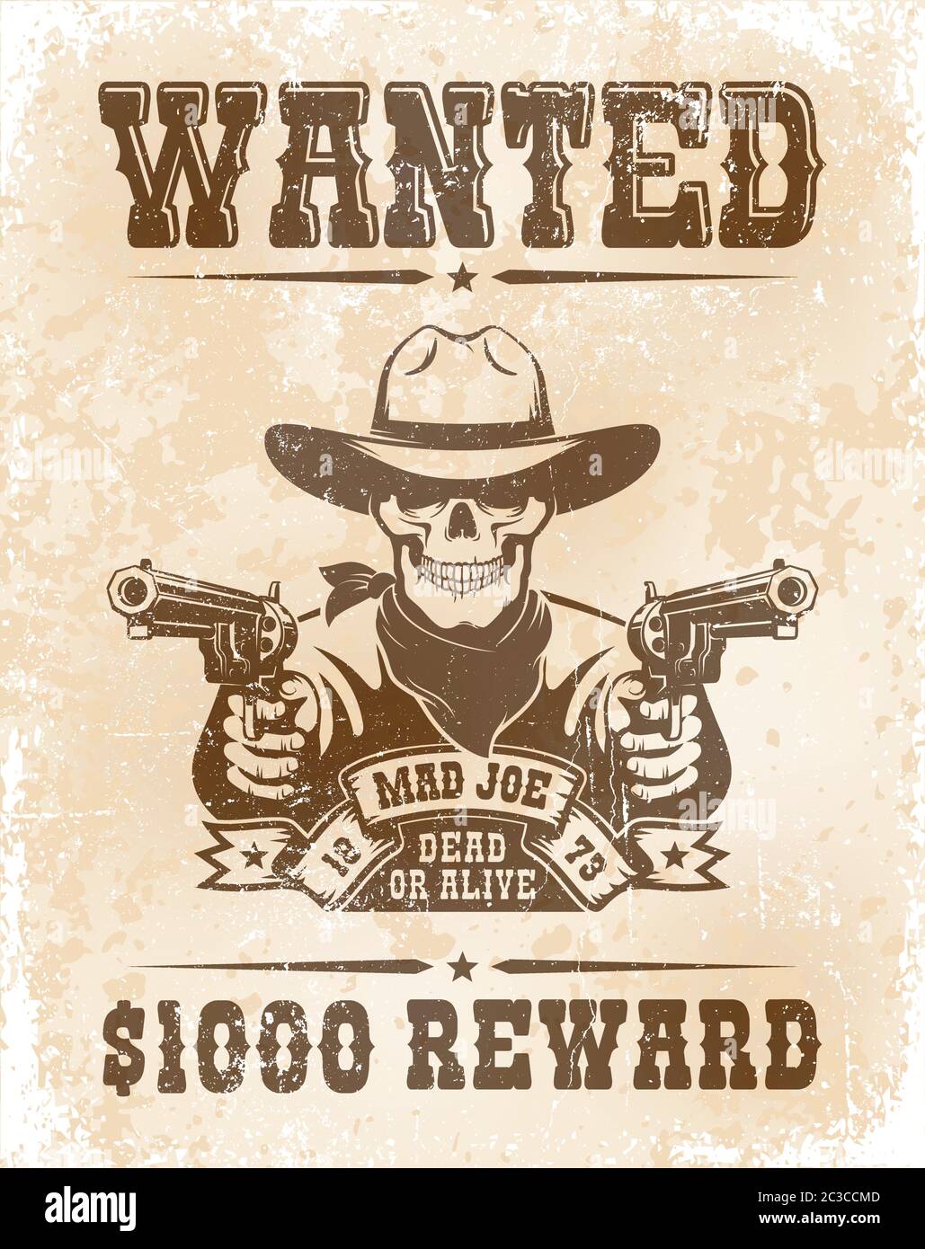 Poster voluto con cowboy cranio con pistole Illustrazione Vettoriale