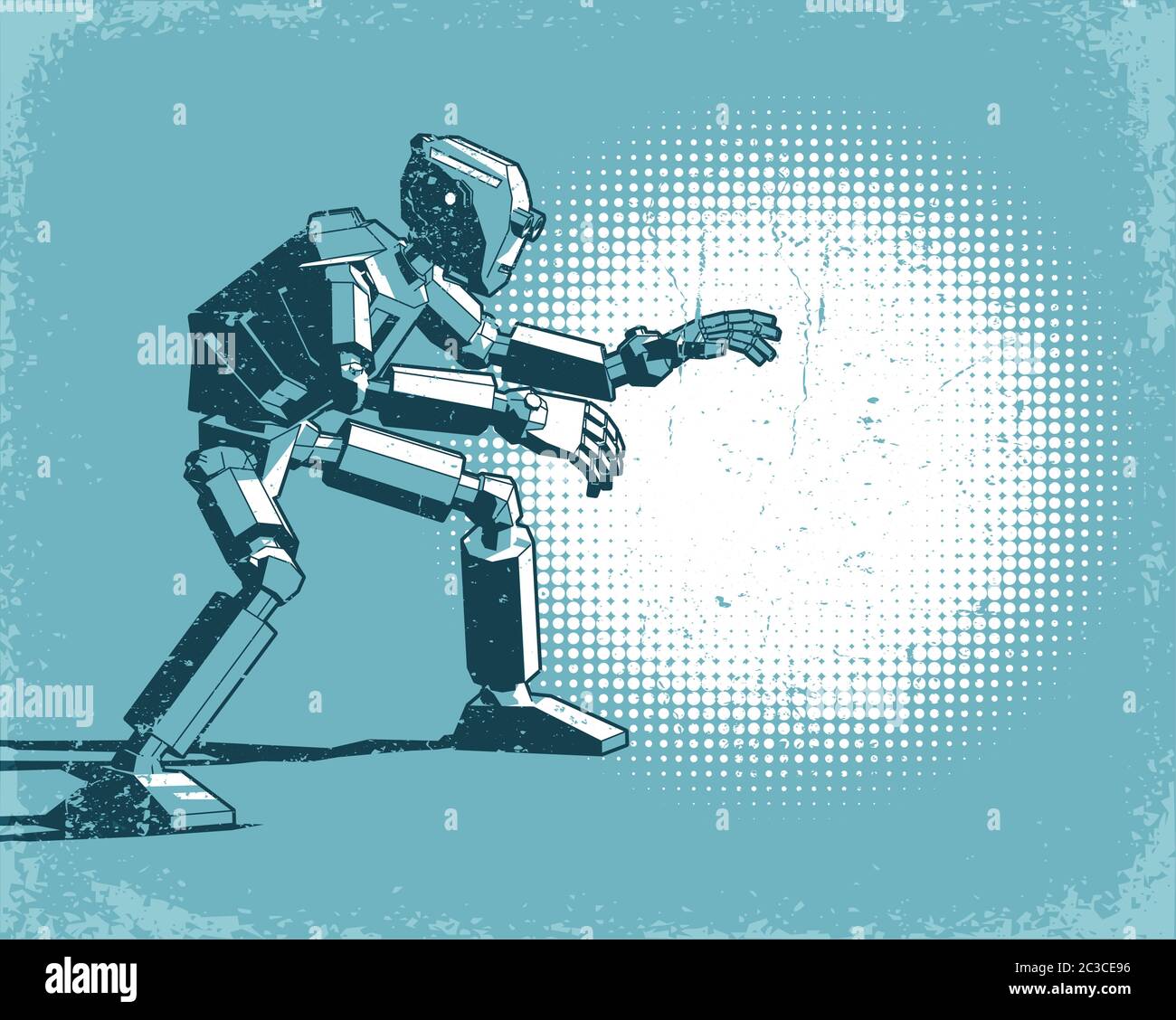 Robot umanoide e faretto - poster retrò vintage Illustrazione Vettoriale