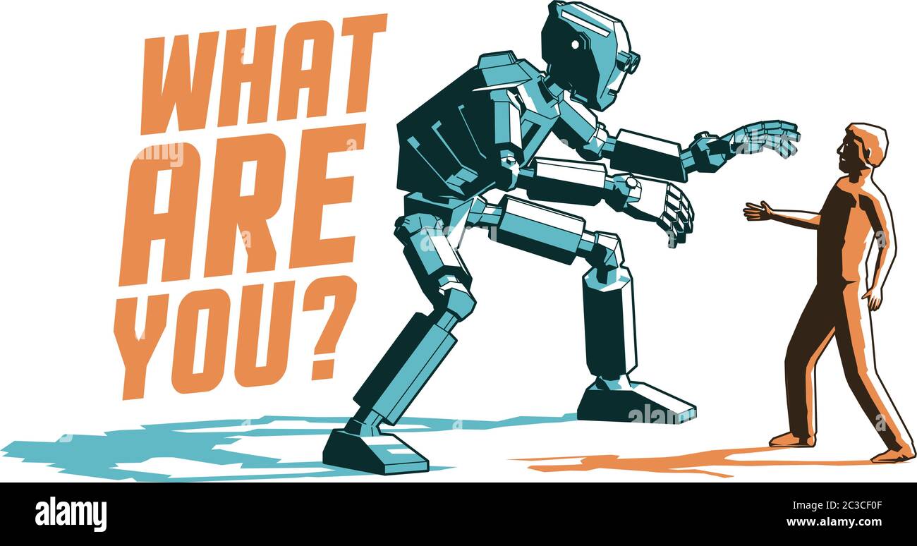 Incontro con un robot cyborg e un uomo - vintage retrò poster in stile timbro Illustrazione Vettoriale