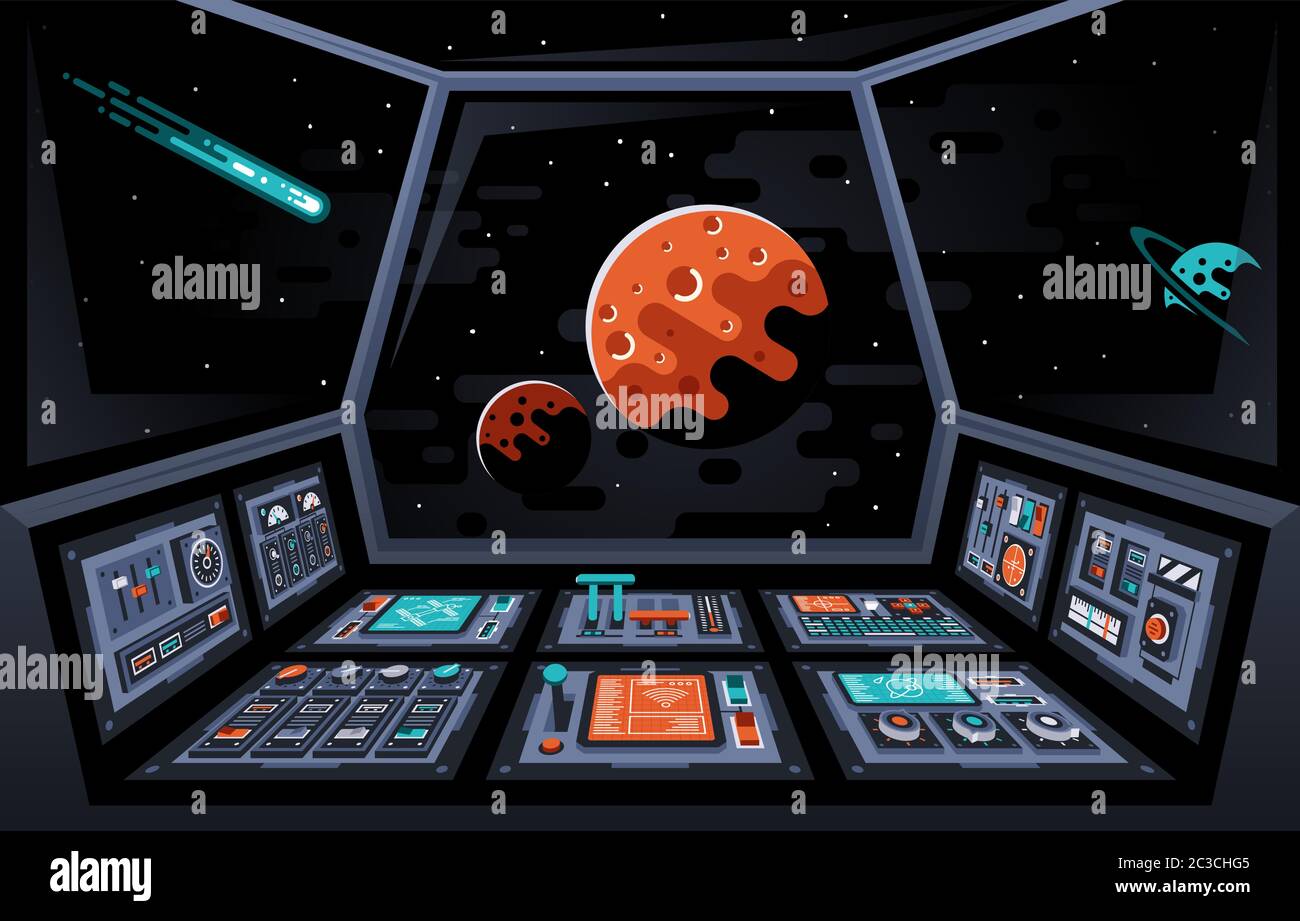 Quadro di comando cruscotto all'interno dell'astronave Illustrazione Vettoriale