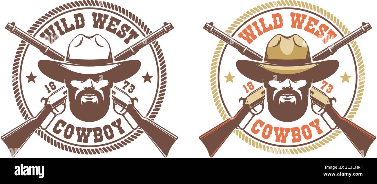 Logo Wild West retro - cowboy in cappello con croce pistole winchester Illustrazione Vettoriale