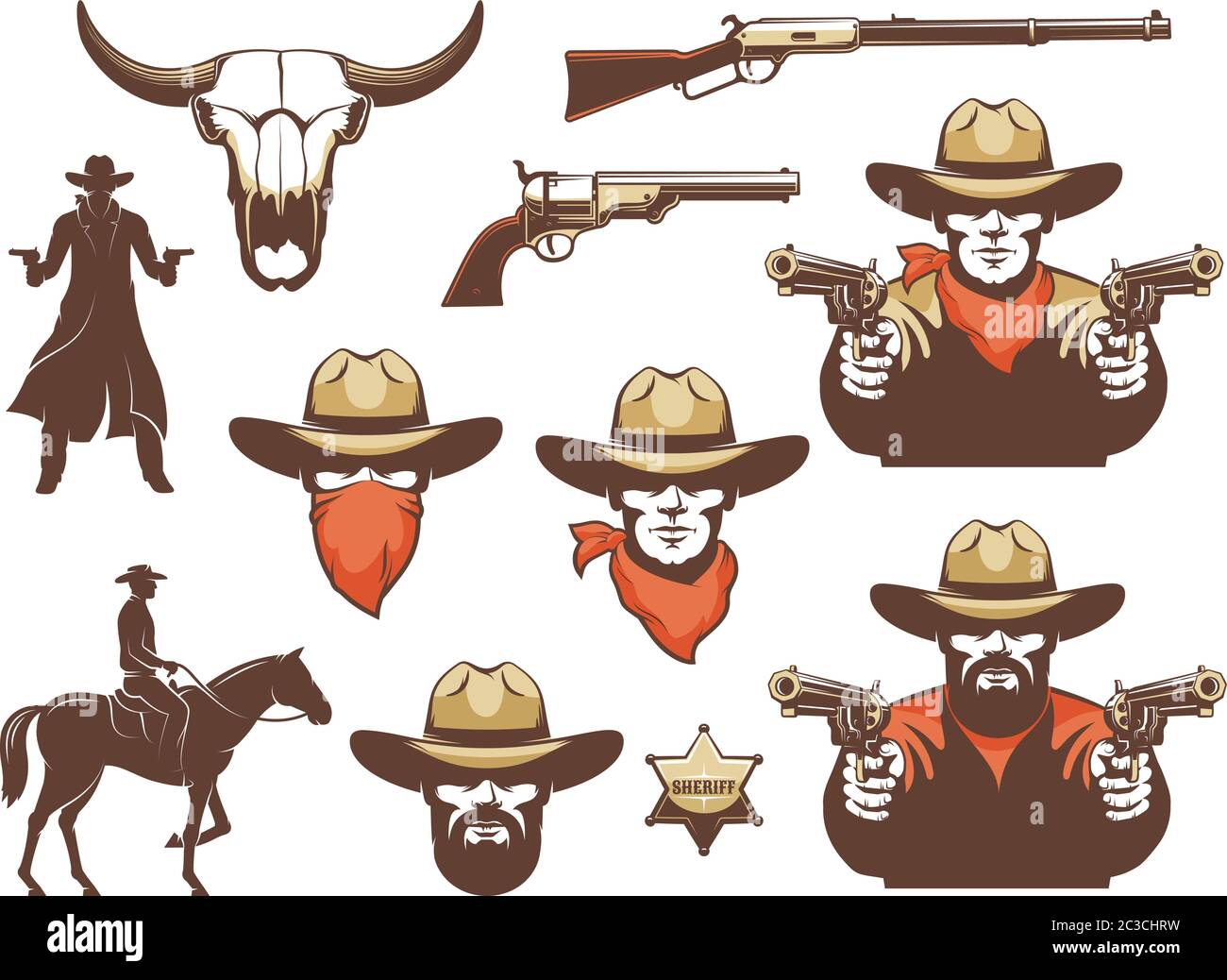 Cowboy del West selvaggio, armi ed elementi di design Illustrazione Vettoriale