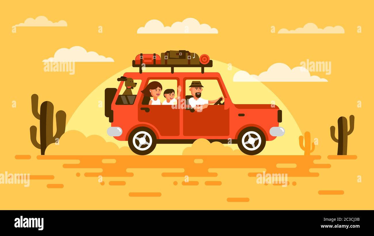 La famiglia viaggia in auto con un cane. Illustrazione Vettoriale