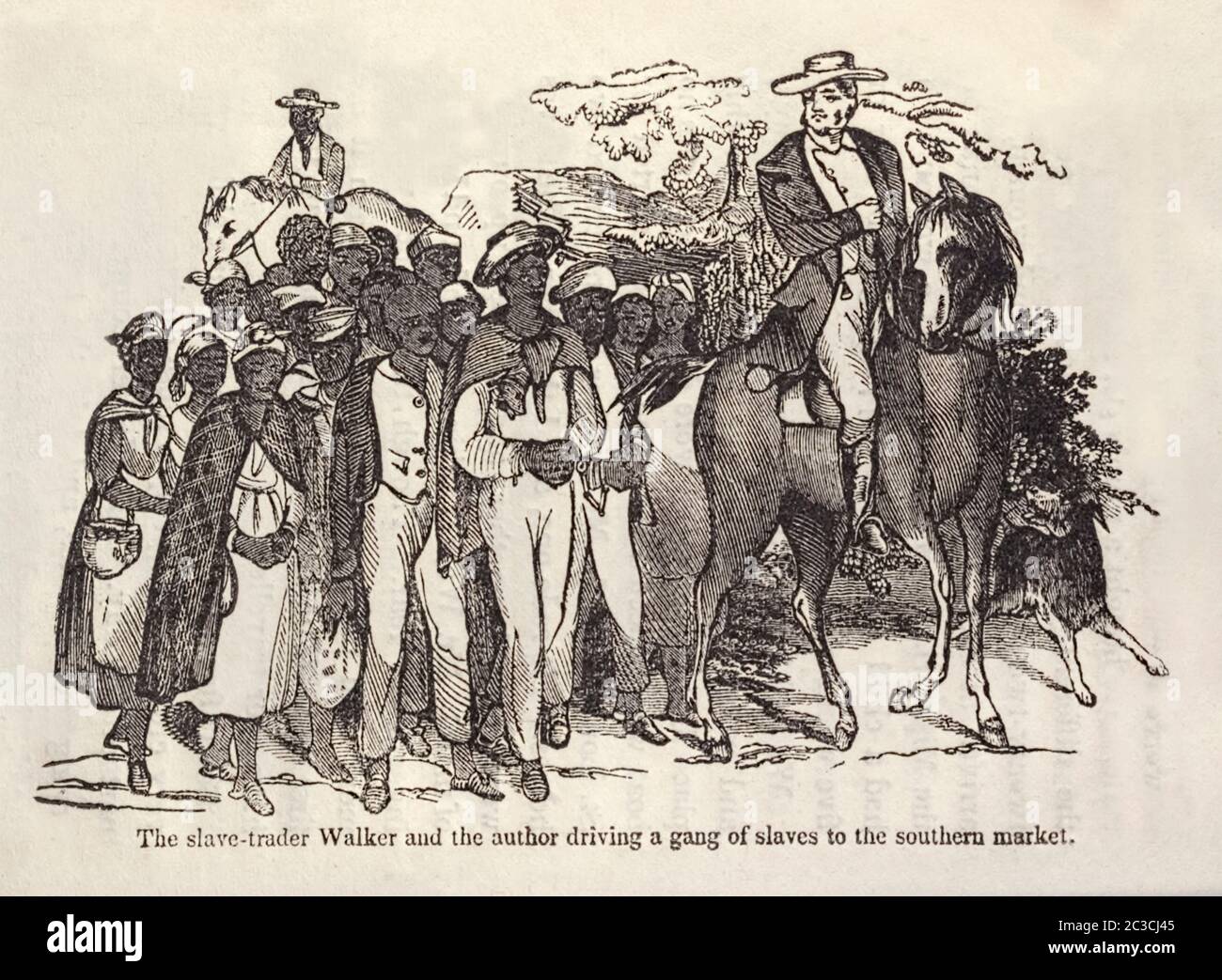 "Il commerciante di schiavi Walker e l'autore che guida una banda di schiavi nel mercato meridionale", illustrazione tratta da ‘la storia di William W. Brown, un fuggitivo schiavo, scritta da lui stesso’ da William Wells Brown (1814-1884). Pubblicato per la prima volta nel 1847, questo articolo di maggior successo descrive l’esperienza dell’autore come figlio di una piantatrice bianca e madre di nativi americani e di origini nere che lavoravano i piroscafi a St Louis, Missouri, prima di fuggire nel 1834 nello stato libero dell’Ohio. Foto Stock