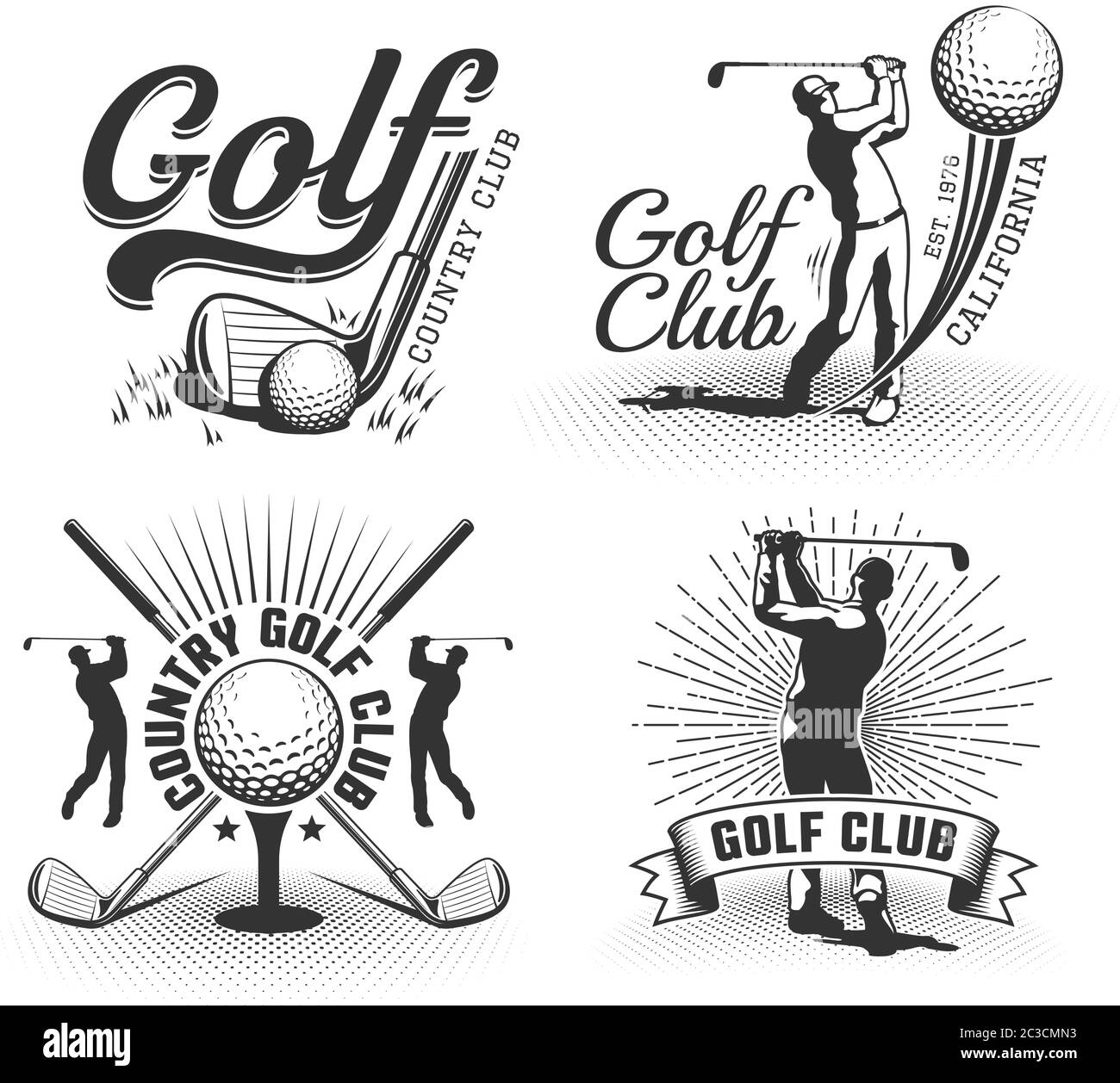 Loghi golf con mazze, palle e golfers Illustrazione Vettoriale