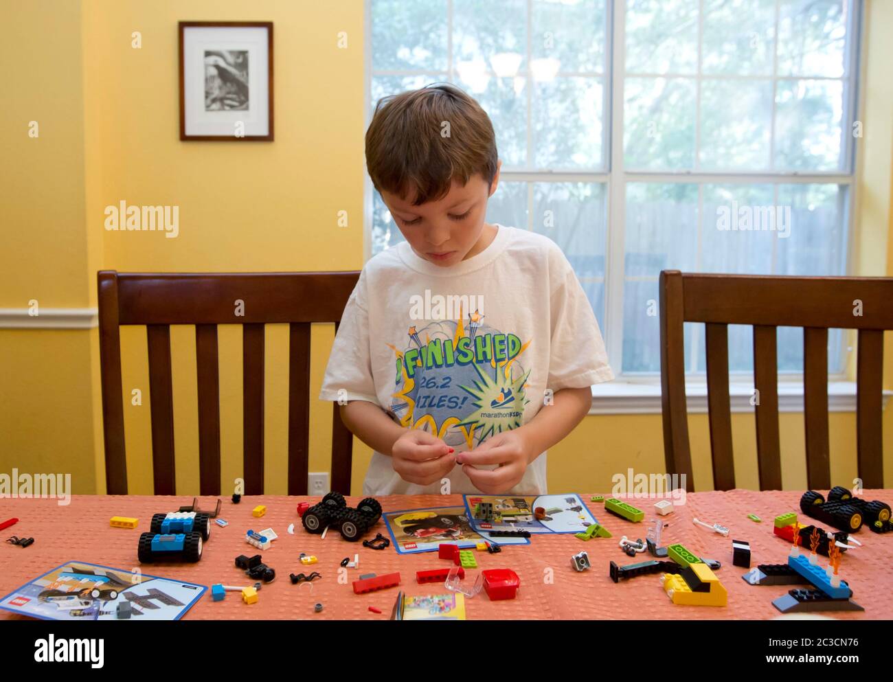 Austin Texas USA, 2013: Un ragazzo messicano-americano di sette anni si mostra come mettere insieme un set di blocchi da costruzione Legos a casa. ©Marjorie Kamys Cotera/Daemmrich Photography Foto Stock