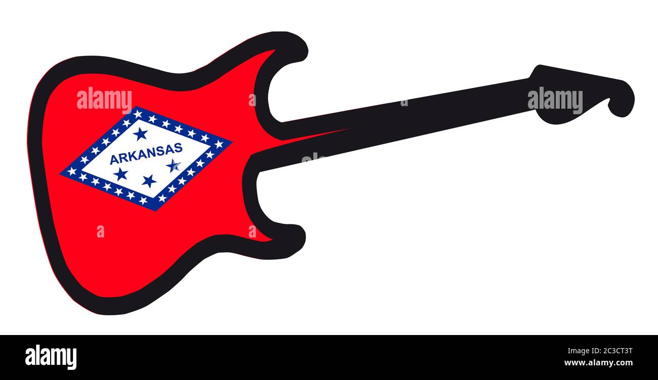 Un originale corpo solido chitarra elettrica isolate su bianco con l'Arkansas flag di stato Foto Stock