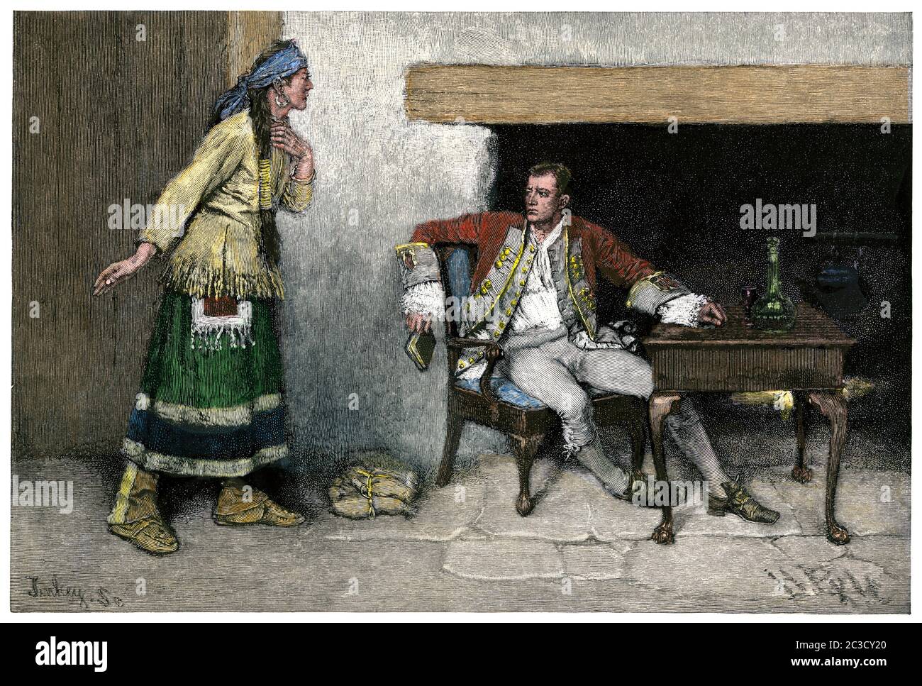 Ojibwa donna che rivela la trama di Pontiac a Major Gladwyn, 1762. Taglio in legno colorato a mano di un'illustrazione Howard Pyle Foto Stock