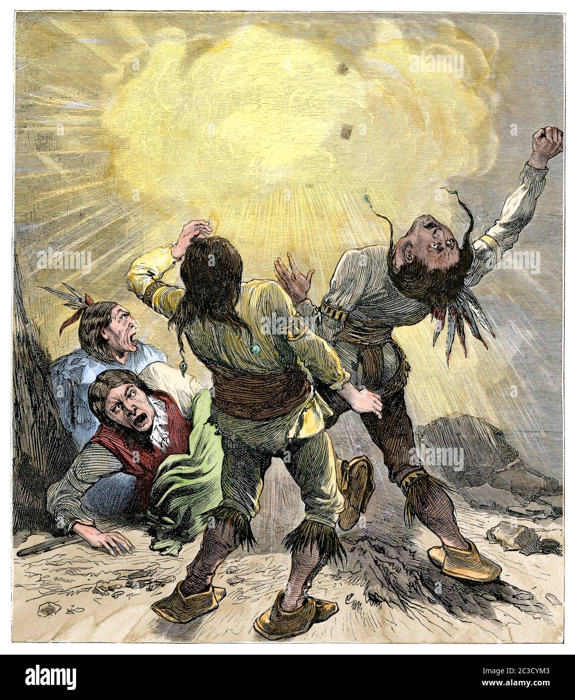 Modoc, ucciso da una conchiglia esplosive nella loro roccaforte di Lava Beds, Guerra di Modoc, 1870. Taglio in legno colorato a mano Foto Stock