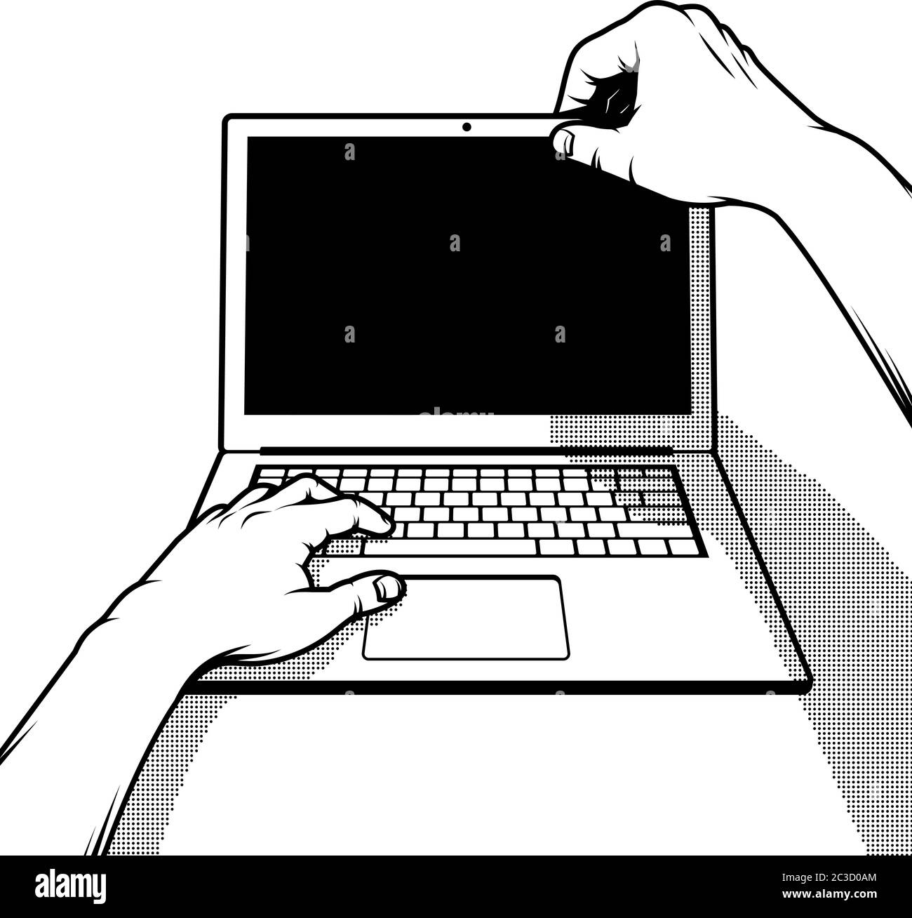 Laptop aperto a mani maschili Illustrazione Vettoriale