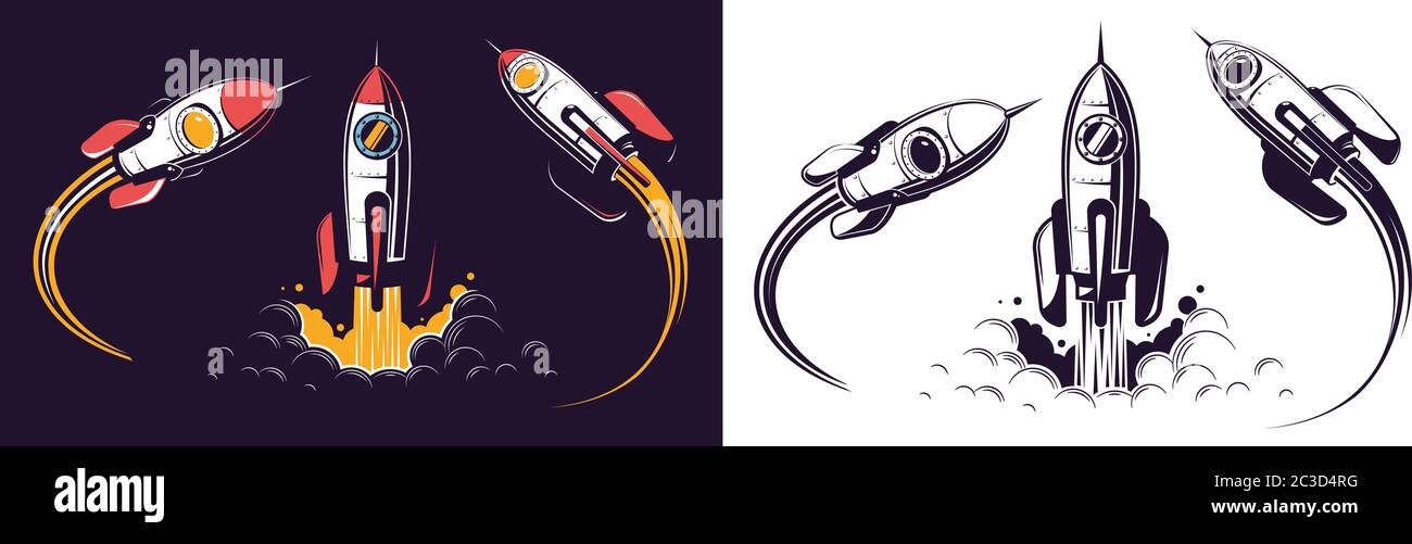 Lancio di razzo spaziale e vola Illustrazione Vettoriale