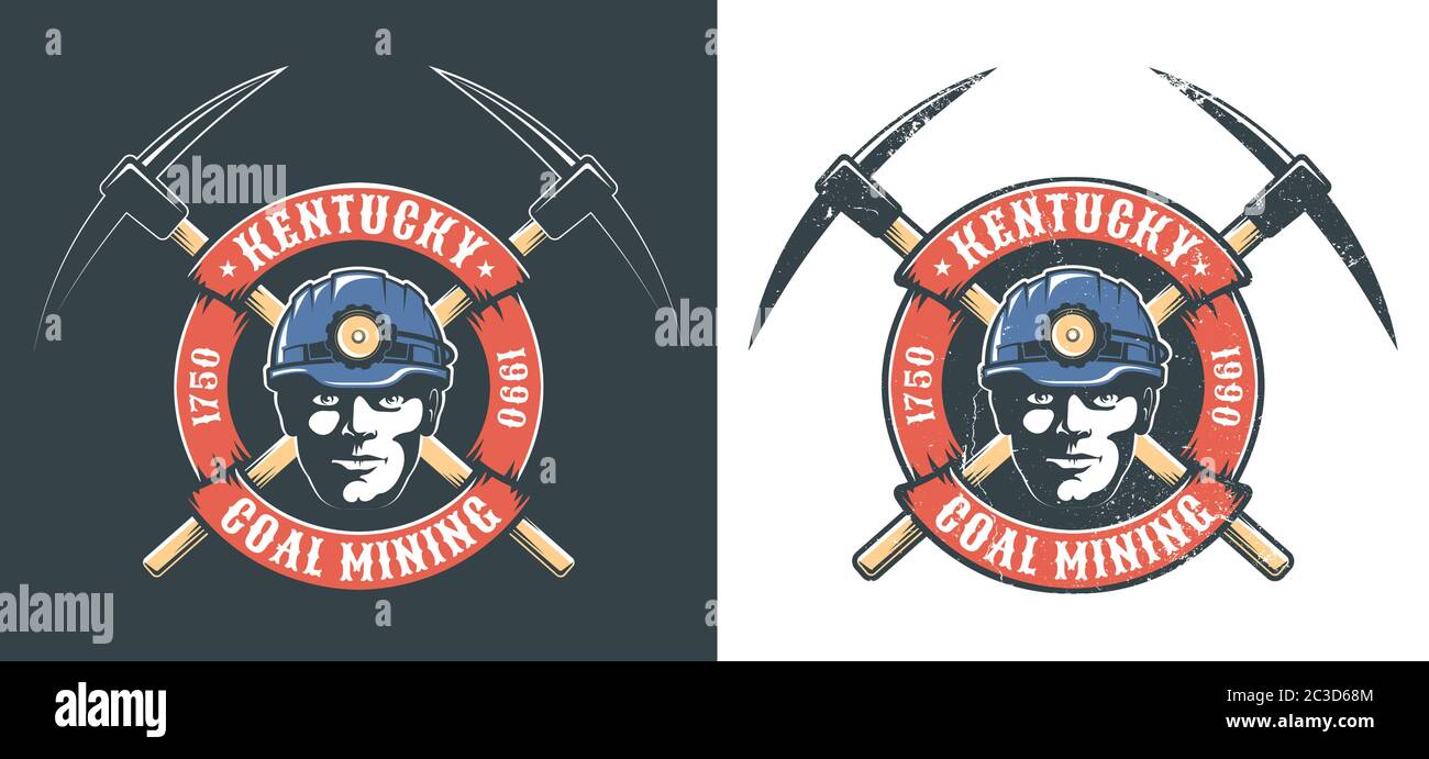 Logo minatore con testa miner in hardhat con lanterna e. picche incrociate Illustrazione Vettoriale