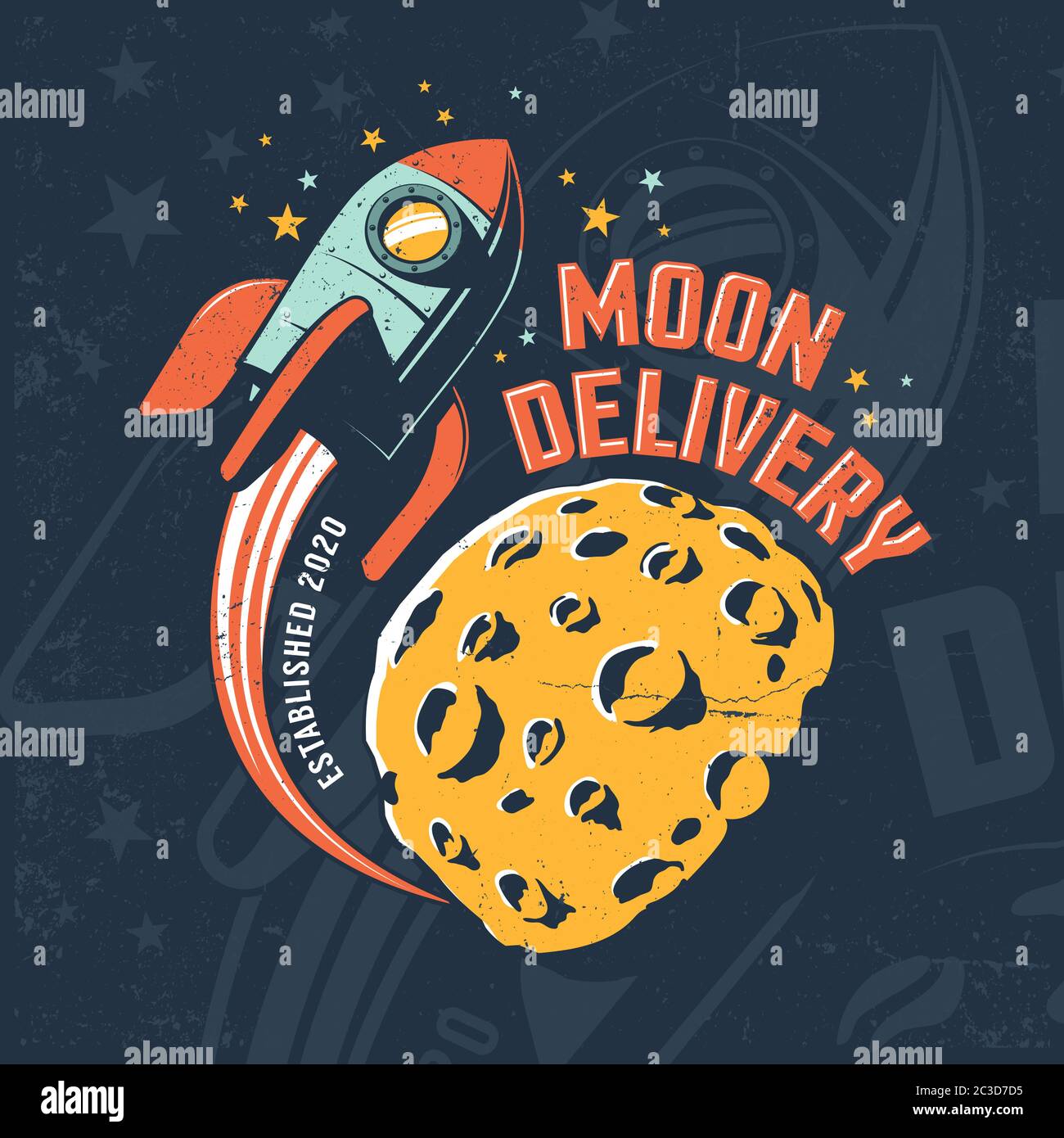 Il razzo vola intorno alla Luna. Poster spazio vintage Illustrazione Vettoriale