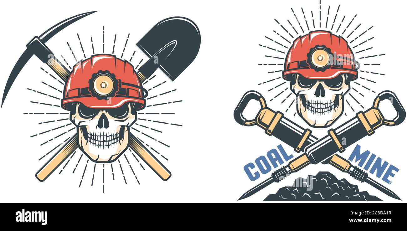 Minatore di cranio in hardhat con piccone e pala Illustrazione Vettoriale