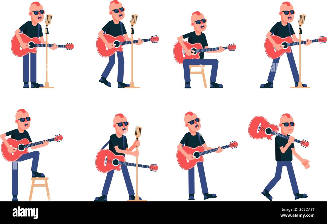 Cantante chitarrista con chitarra acustica in varie posizioni Illustrazione Vettoriale
