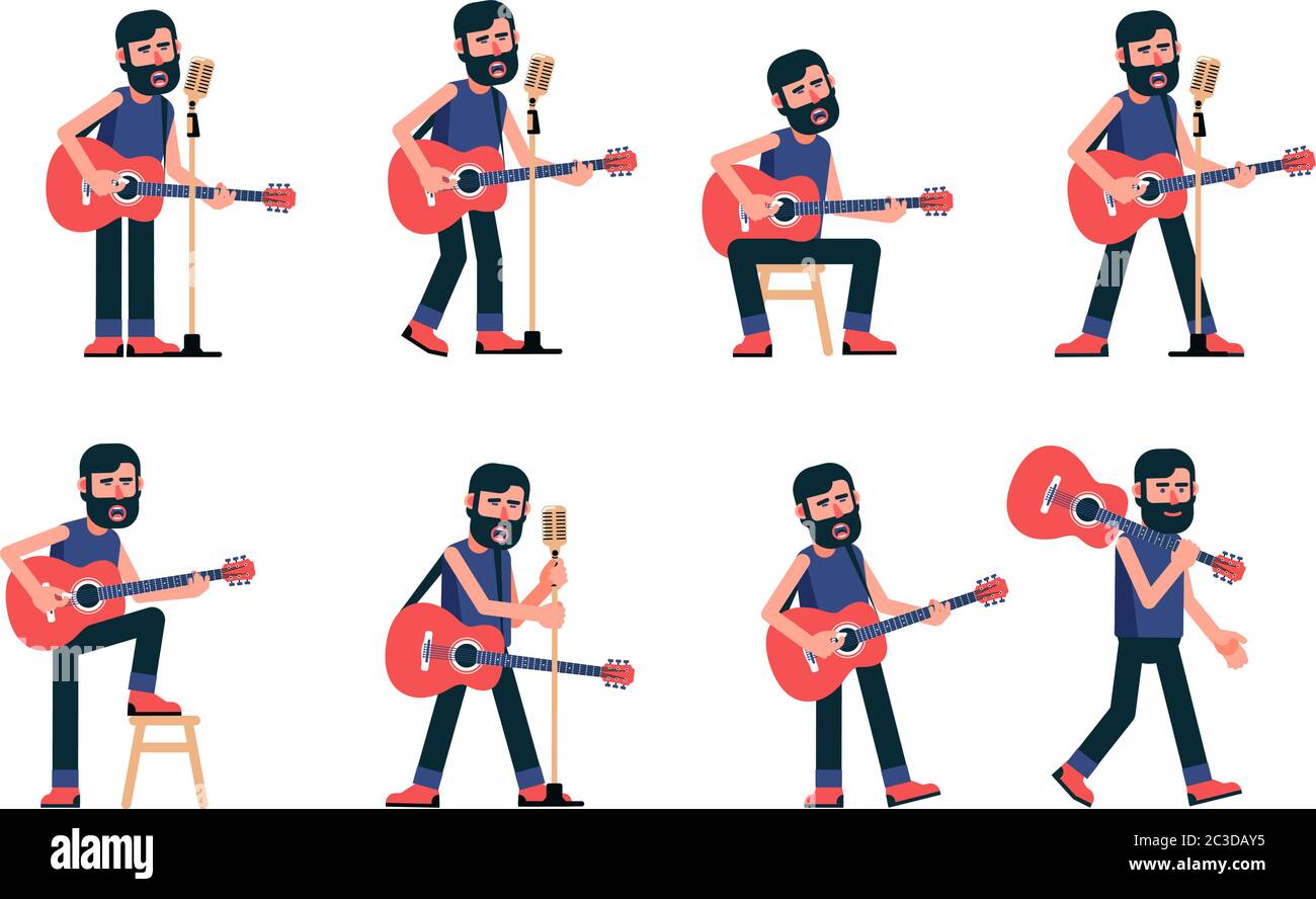 Il chitarrista cantante canta in varie posizioni Illustrazione Vettoriale