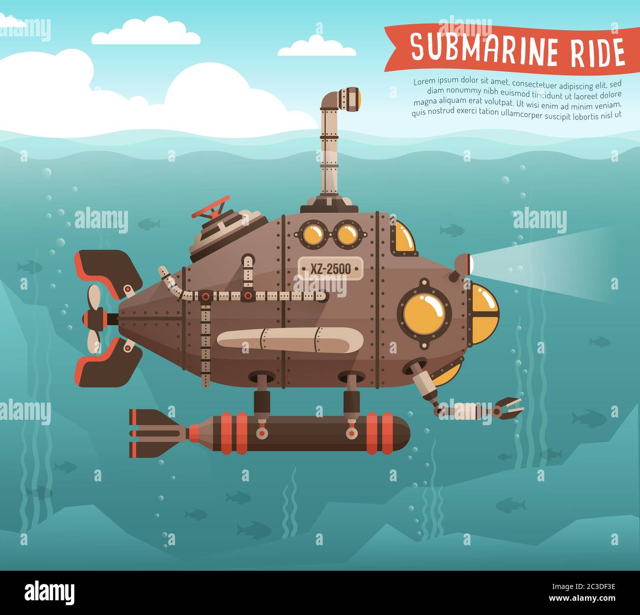 Sottomarino Steampunk nell'oceano Illustrazione Vettoriale