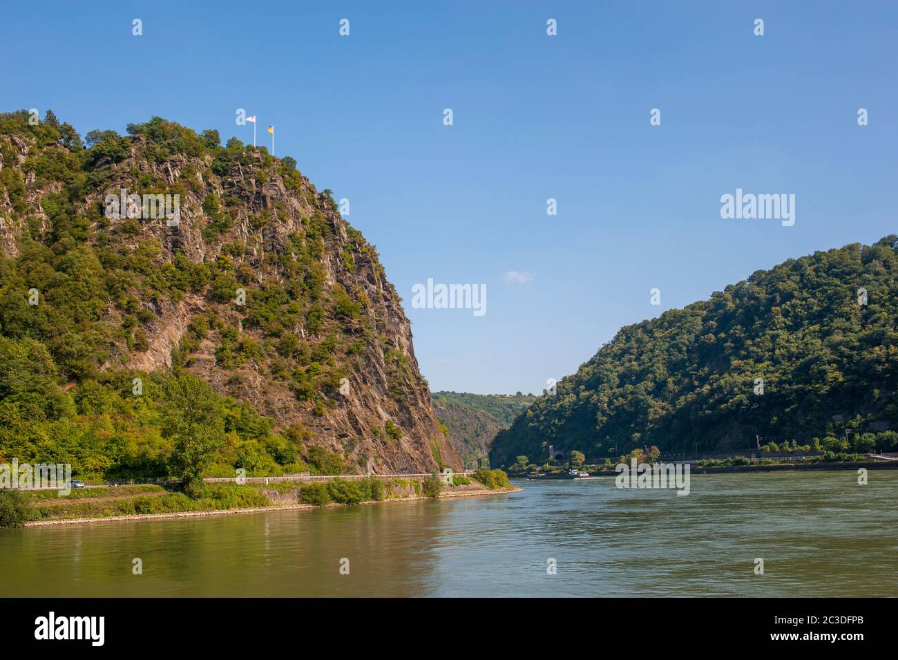 Vista del Lorelei , anche scritto Loreley in tedesco, che è una roccia di ardesia alta 132 m (433 piedi), ripida sulla riva destra del fiume Reno nel RHI Foto Stock