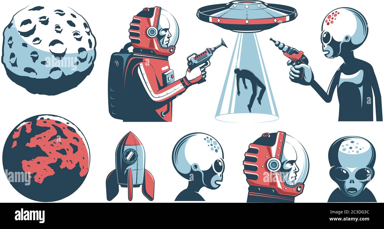 Alien UFO vintage insieme con astronauta e marziano Illustrazione Vettoriale