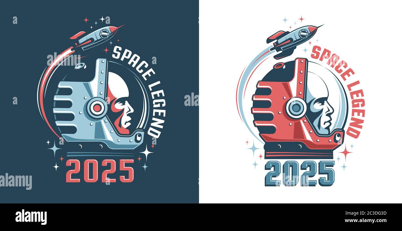 Testa astronauta - logo retrò. Spaceman in casco - emblema vintage Illustrazione Vettoriale