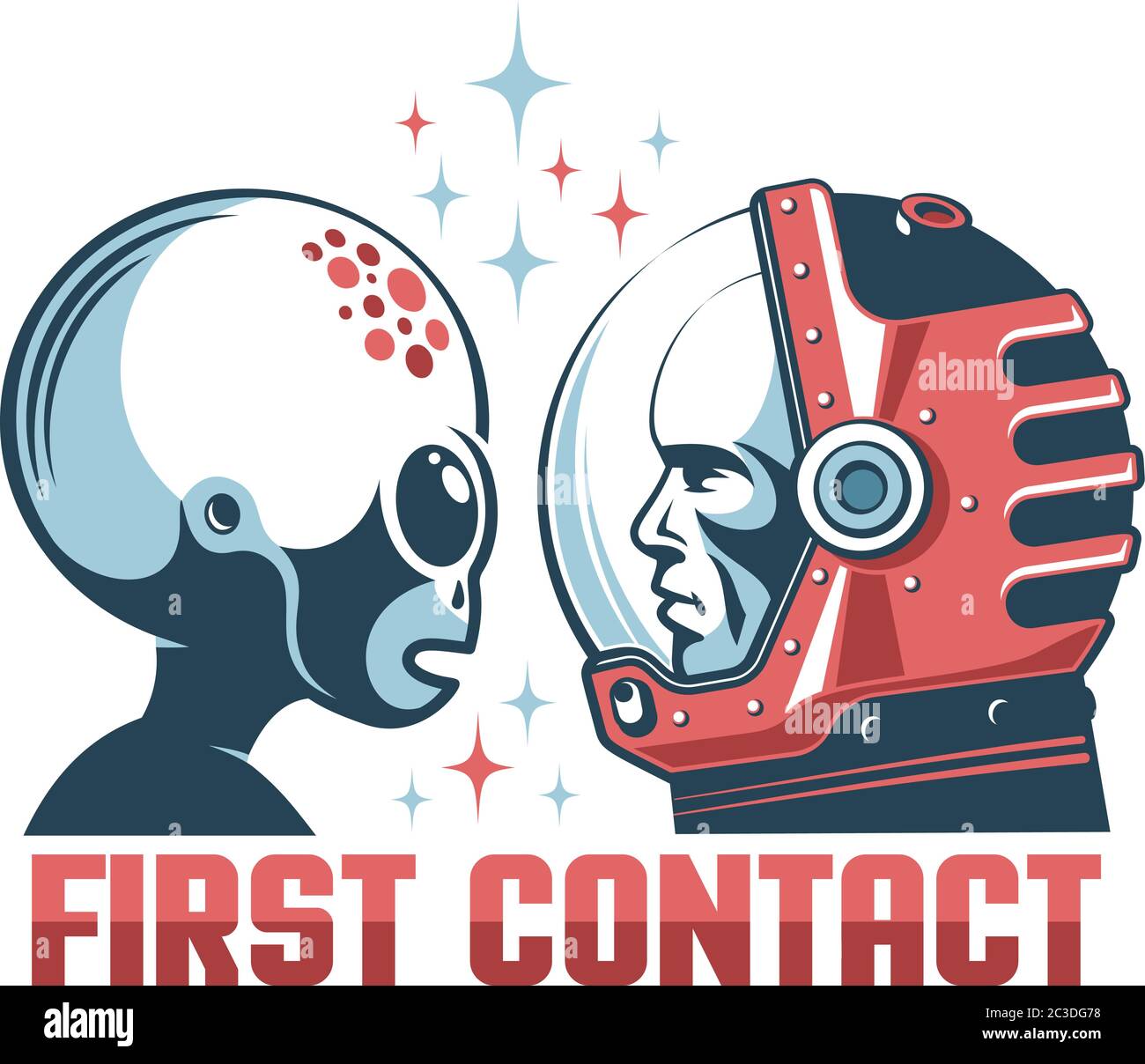 Alieno e astronauta in casco spaziale faccia a faccia Illustrazione Vettoriale